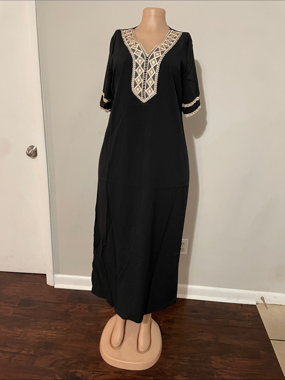 Black Embroidered V-Neck Maxi Dress with Cream Trim